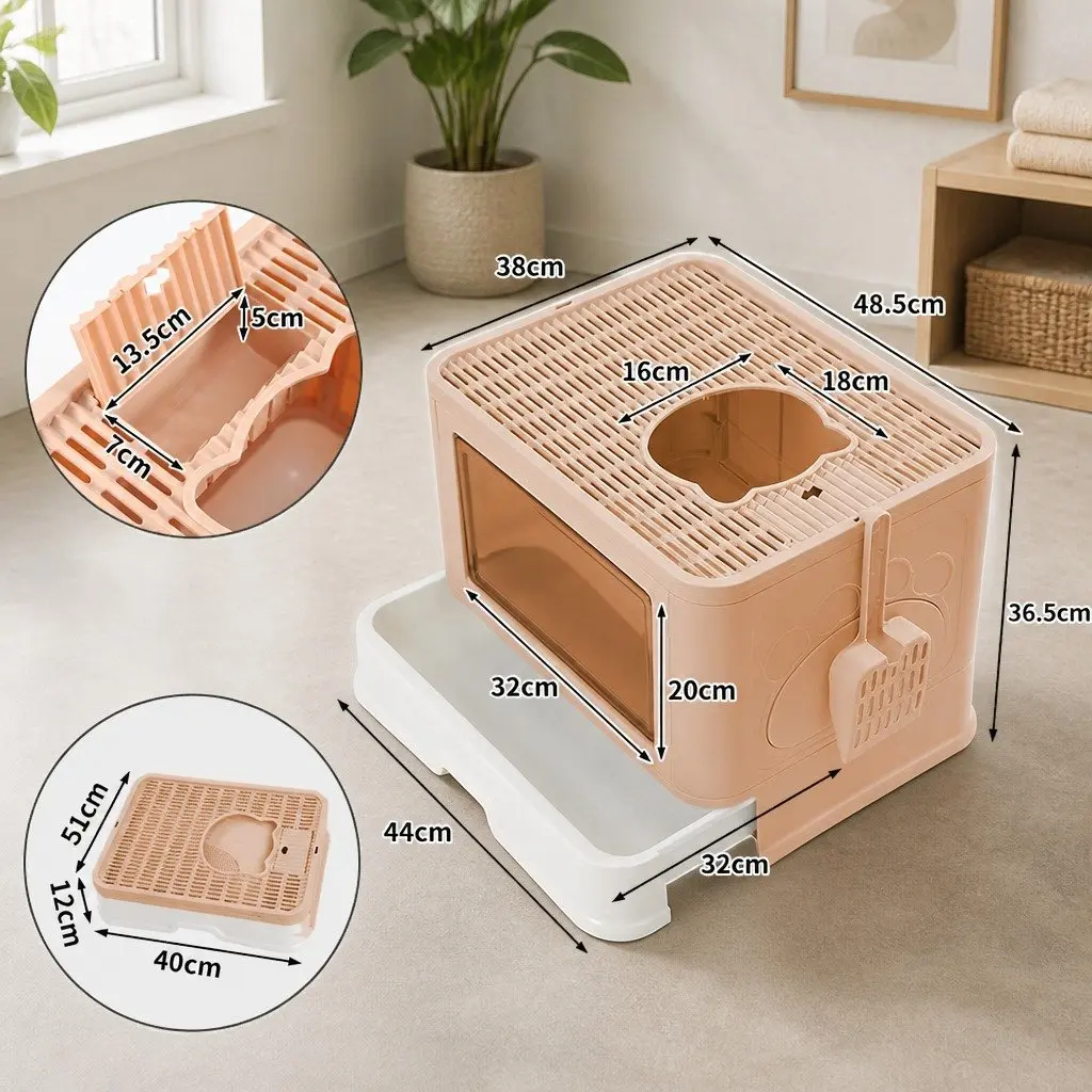 Foldable Cat Litter Box Grey Enclosed Tray with Entry Exit Door Removable Drawer