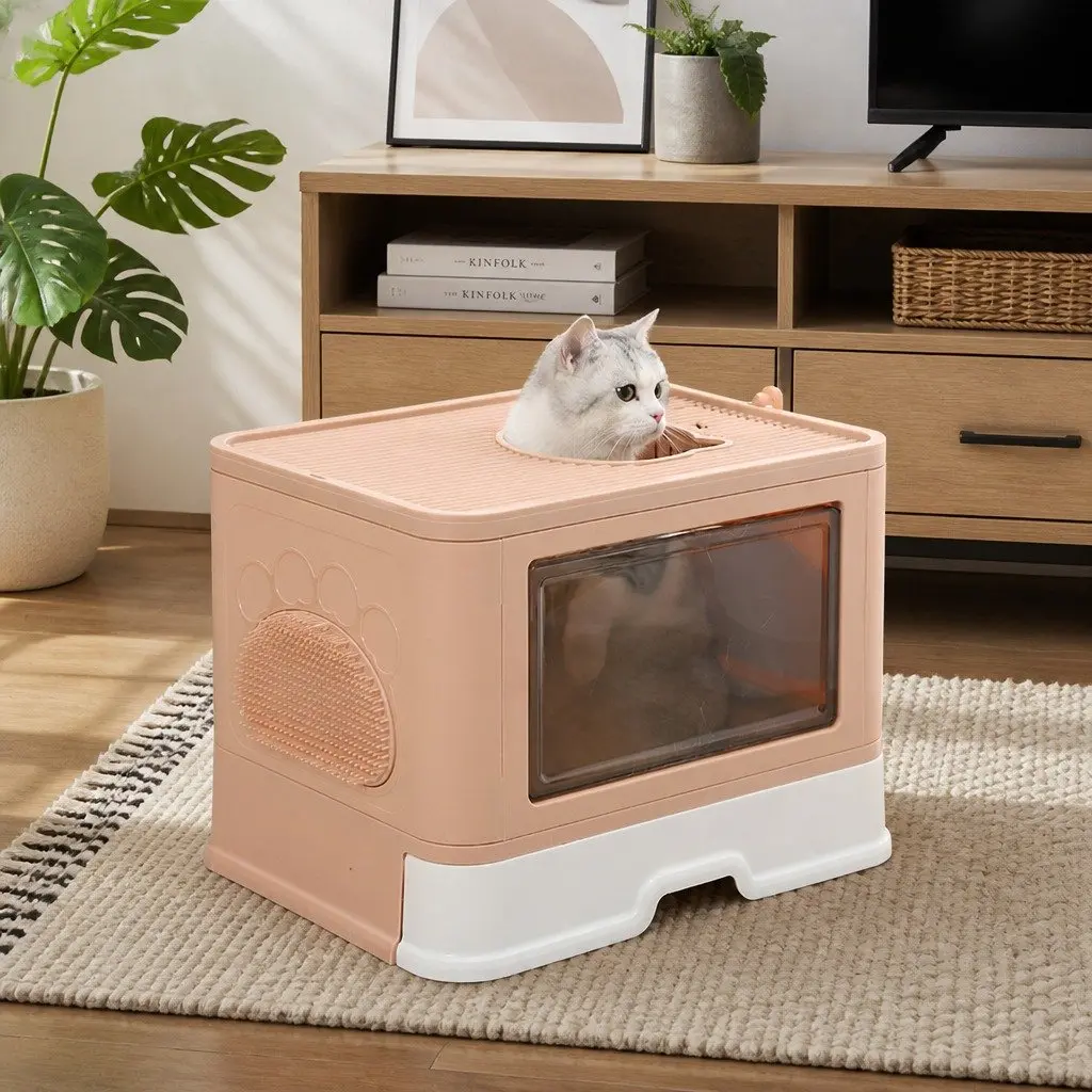 Foldable Cat Litter Box Grey Enclosed Tray with Entry Exit Door Removable Drawer