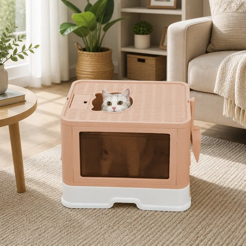 Foldable Cat Litter Box Grey Enclosed Tray with Entry Exit Door Removable Drawer
