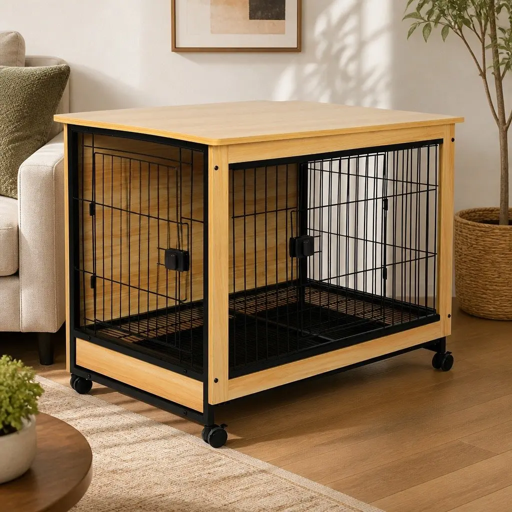 Wooden Dog Kennel Side End Table XL Pet Crate Two Doors Removable Tray