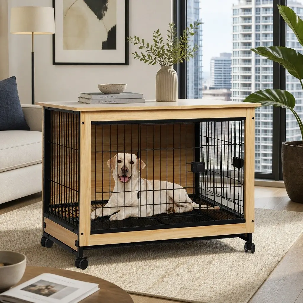 Wooden Dog Kennel Side End Table XL Pet Crate Two Doors Removable Tray