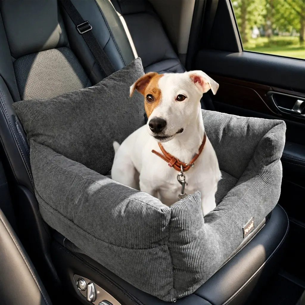 Pet Car Booster Seat Grey Medium Adjustable Safety Belt Removable Cover