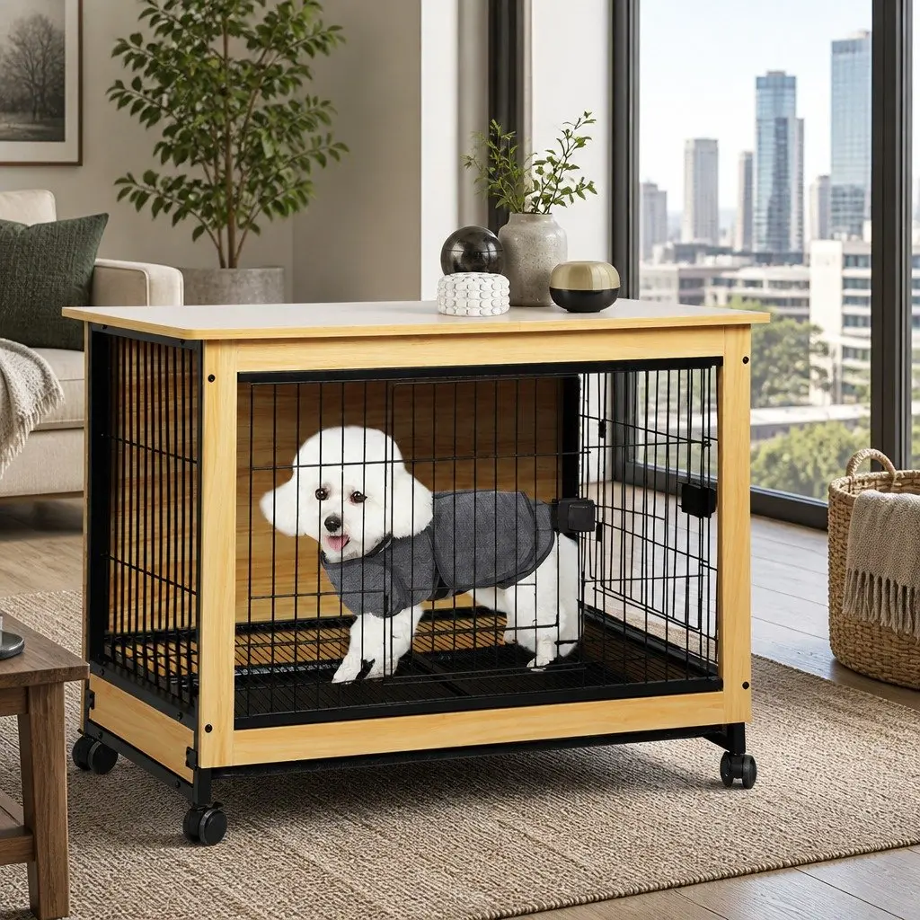 Wooden Dog Kennel End Table Medium M Two Doors Removable Tray
