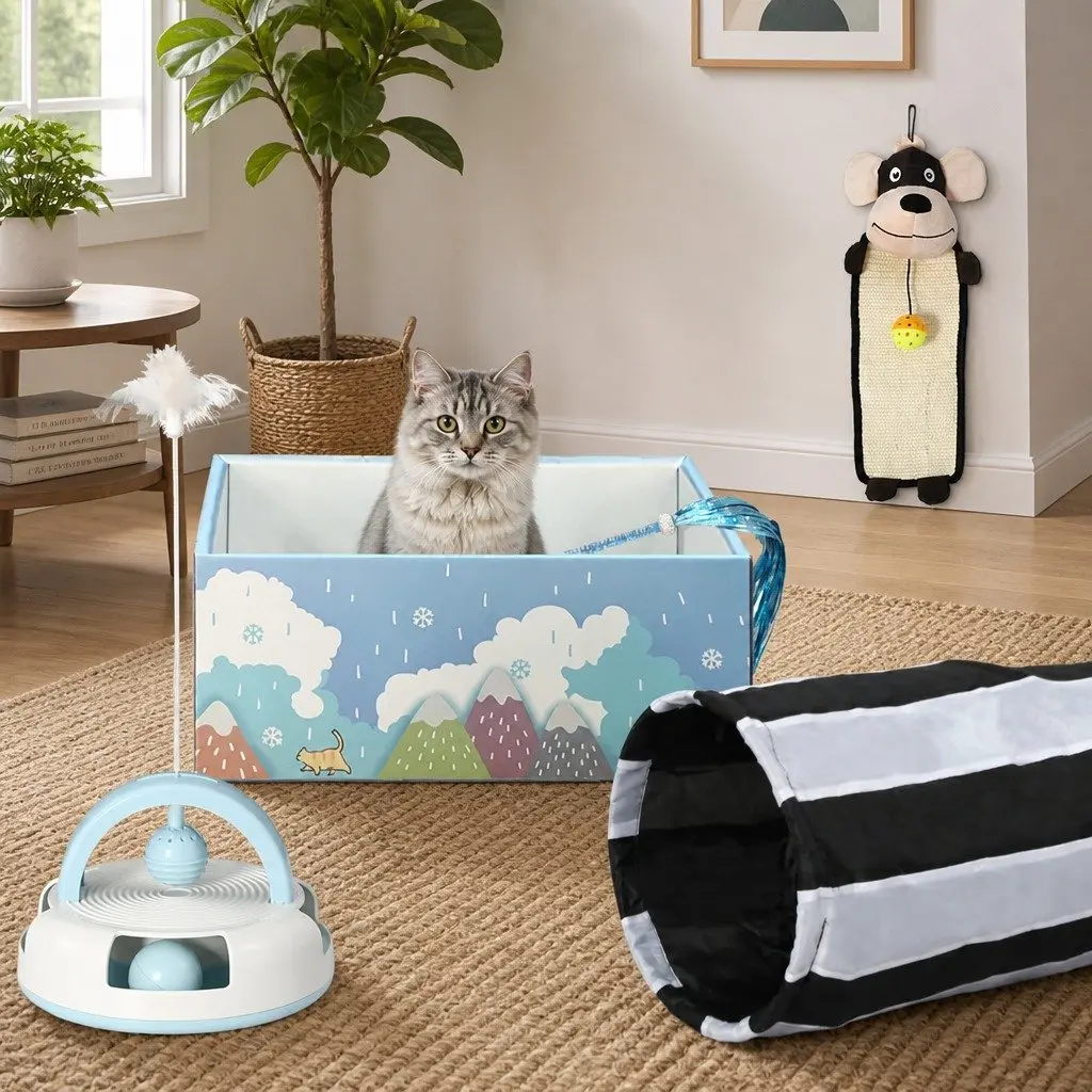 Interactive Cat Toy Set Multi Colour 5 Piece Tunnel Scratching Pad Wand Feather Play Bundle