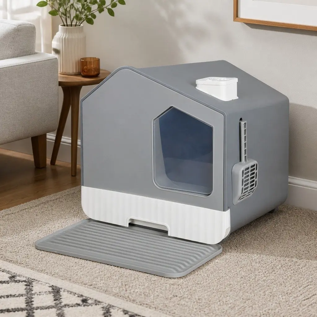 Grey Enclosed Cat Litter Box for Easy Care