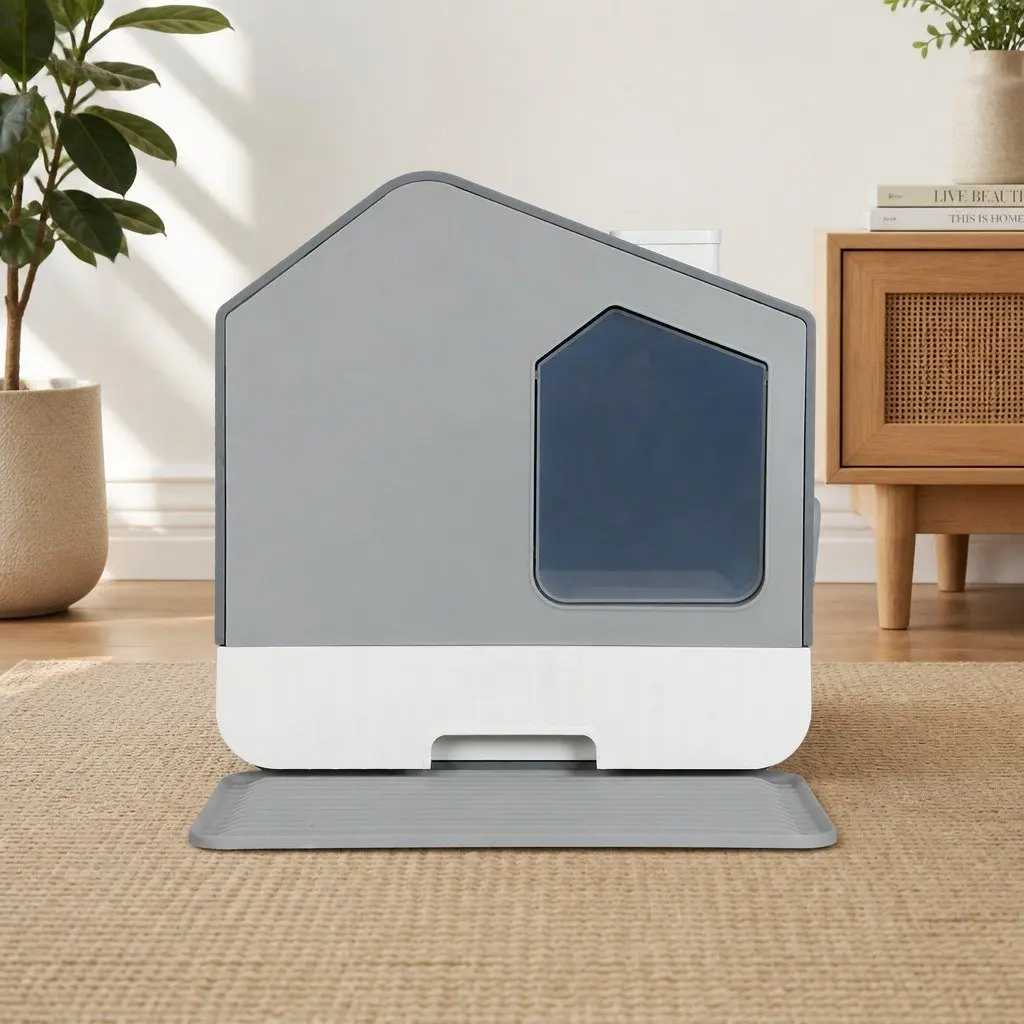 Grey Enclosed Cat Litter Box for Easy Care
