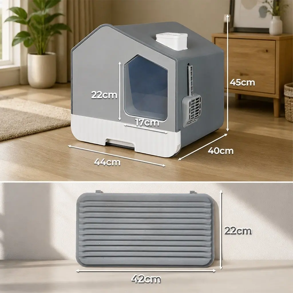 Grey Enclosed Cat Litter Box for Easy Care