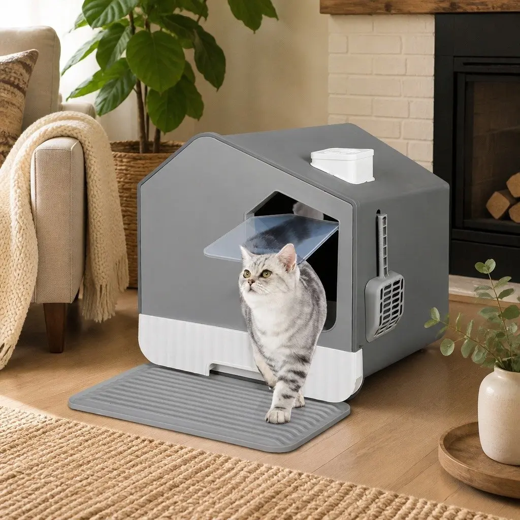 Grey Enclosed Cat Litter Box for Easy Care
