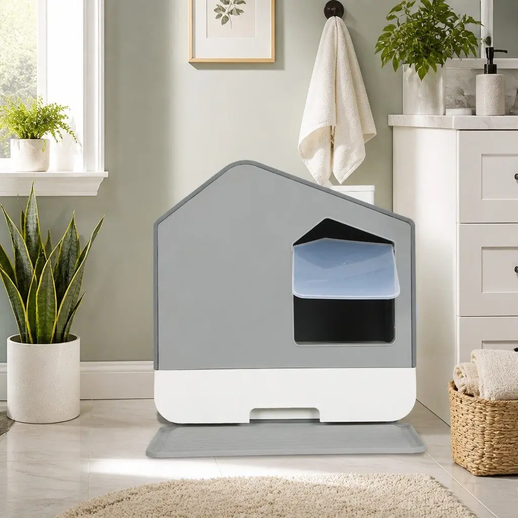 Grey Enclosed Cat Litter Box for Easy Care