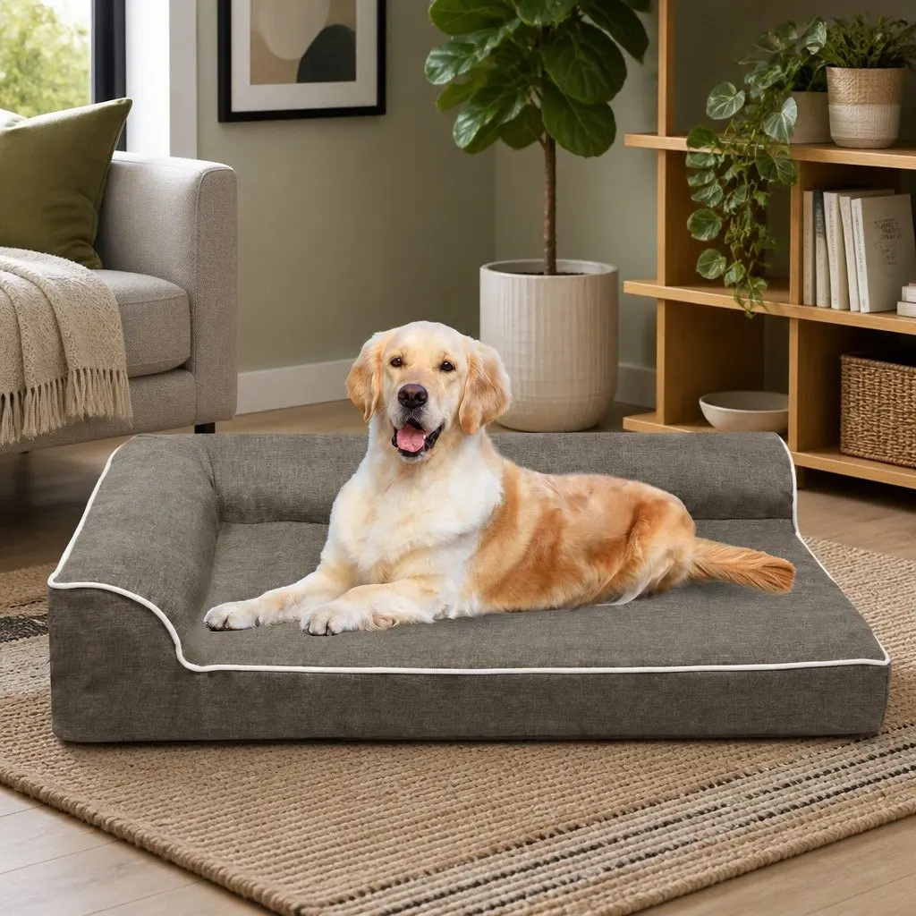Orthopedic Dog Bed Coffee XXL Memory Foam L-Shaped Bolster Support for Large Dogs