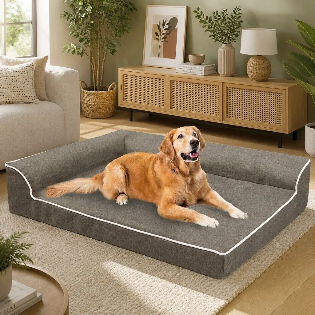 Orthopedic Dog Bed Coffee XXL Memory Foam L-Shaped Bolster Support for Large Dogs