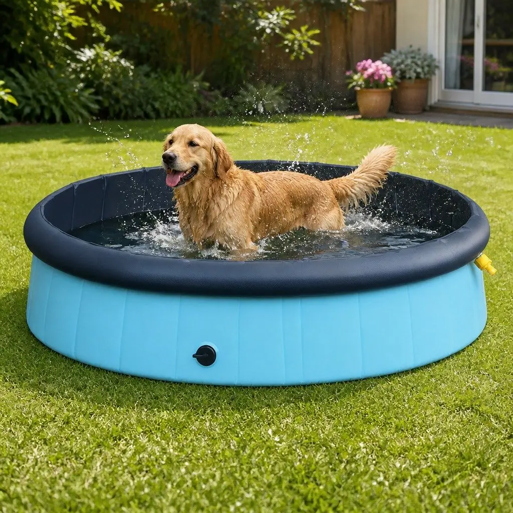 Folding Pet Swimming Pool Blue 160cm 2-in-1 Sprinkler and Bath Tub Portable