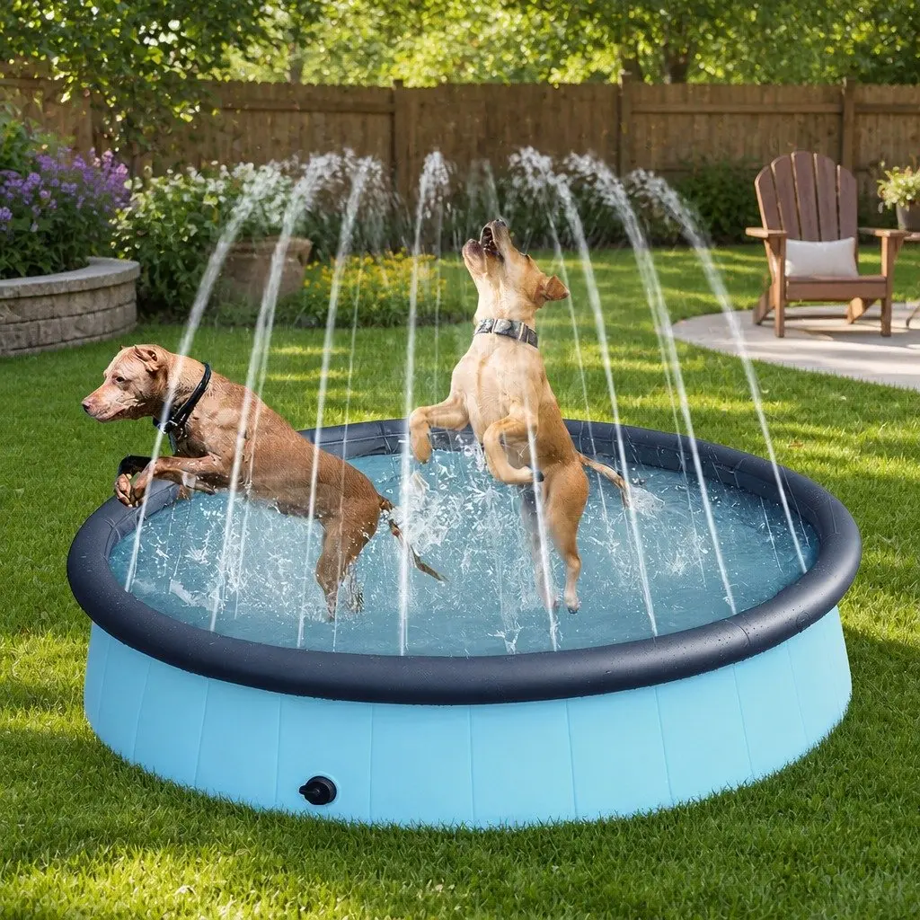 Folding Pet Swimming Pool Blue 160cm 2-in-1 Sprinkler and Bath Tub Portable