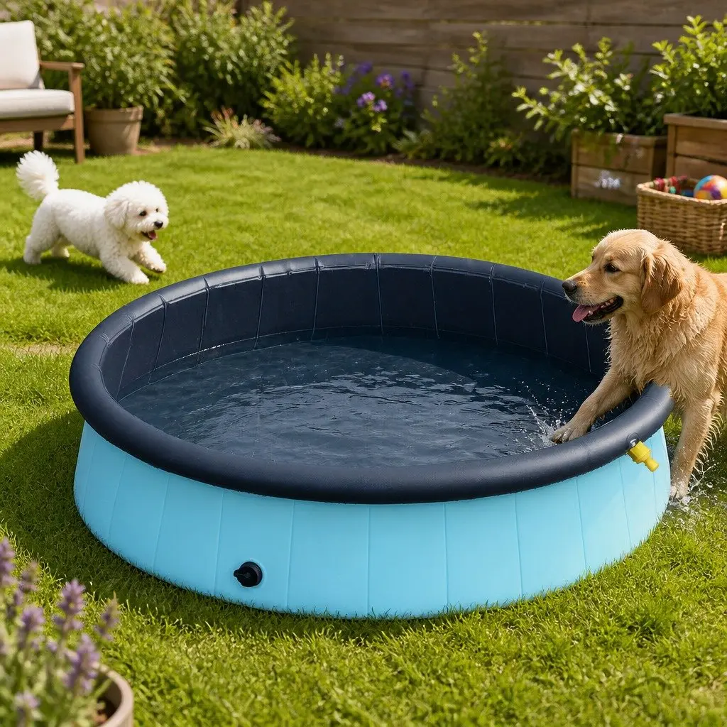 Folding Dog Swimming Pool Blue Portable 2-in-1 Sprinkler and Bath with Anti-slip Surface