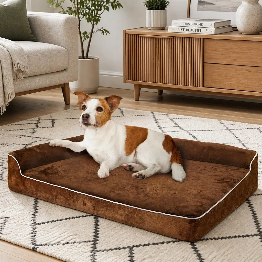 Orthopedic Dog Bed Coffee M Memory Foam Egg Crate L-Shaped Bolster