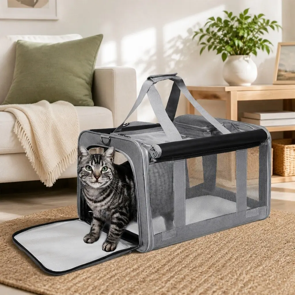 Pet Carrier Bag Grey M Size Portable Foldable Shoulder Bag for Small Dogs and Cats