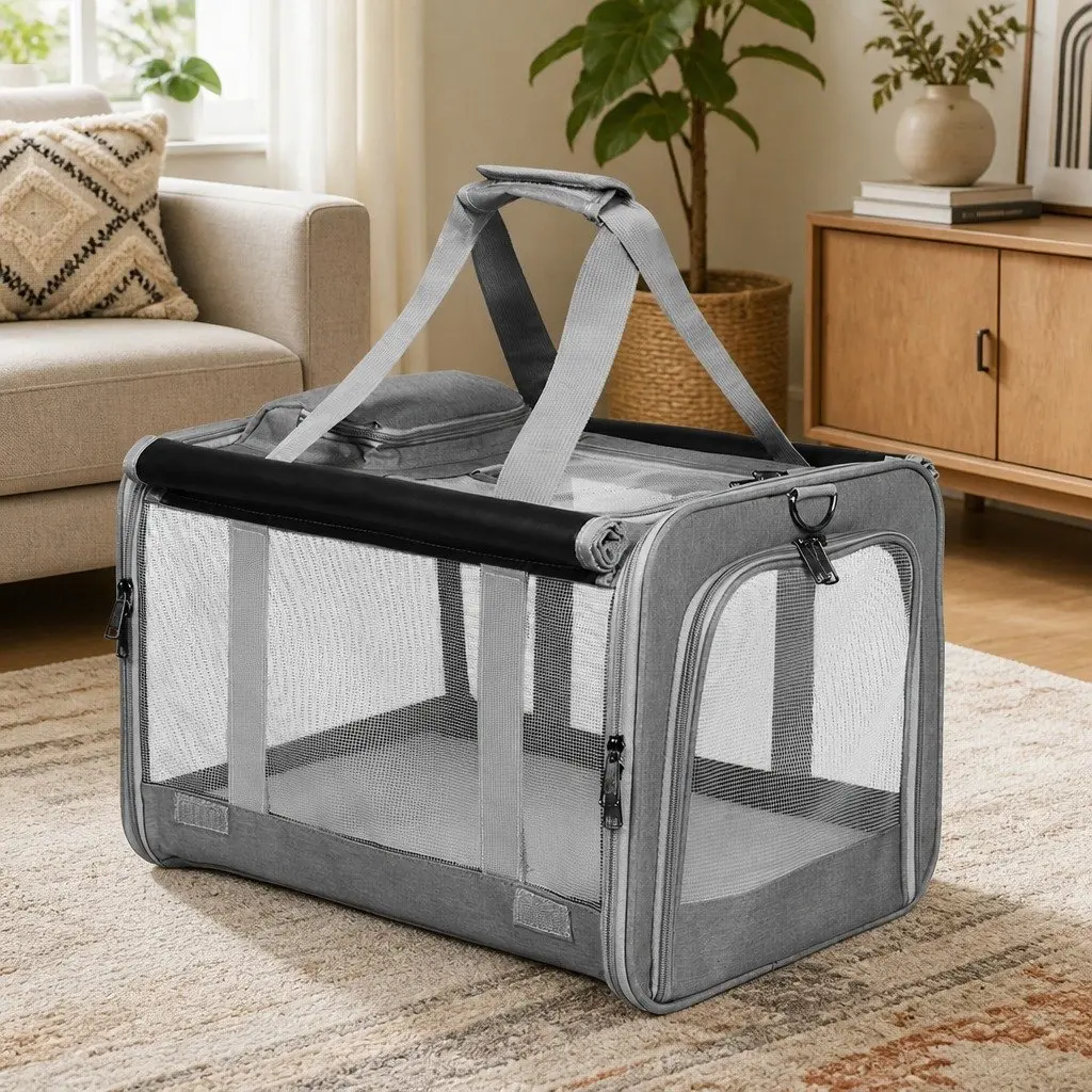 Pet Carrier Bag Grey M Size Portable Foldable Shoulder Bag for Small Dogs and Cats