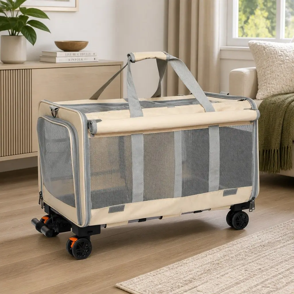 Pet Carrier Beige 60cm Rolling Foldable Portable Travel Crate Backpack Hand-Carry