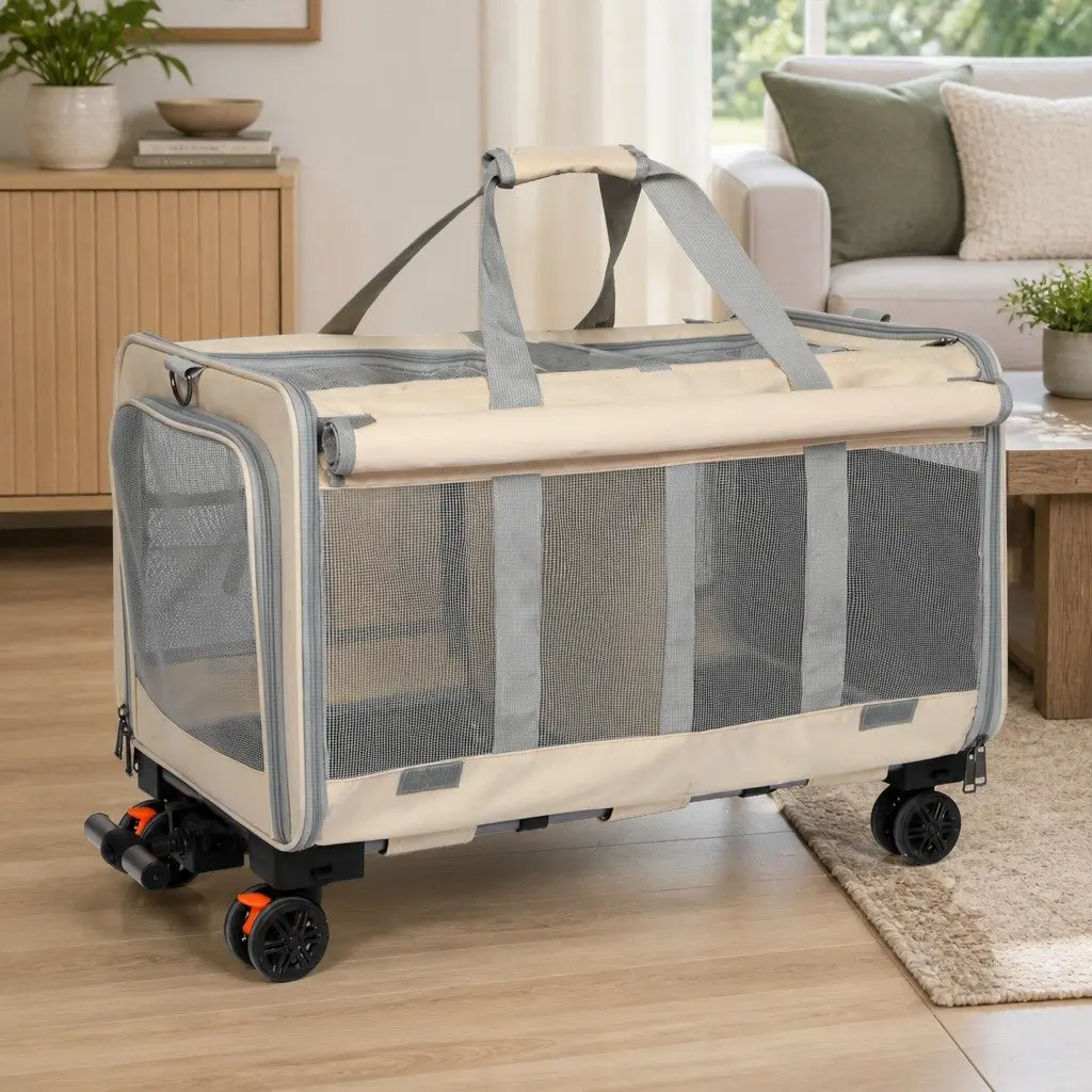Pet Carrier Beige 60cm Rolling Foldable Portable Travel Crate Backpack Hand-Carry