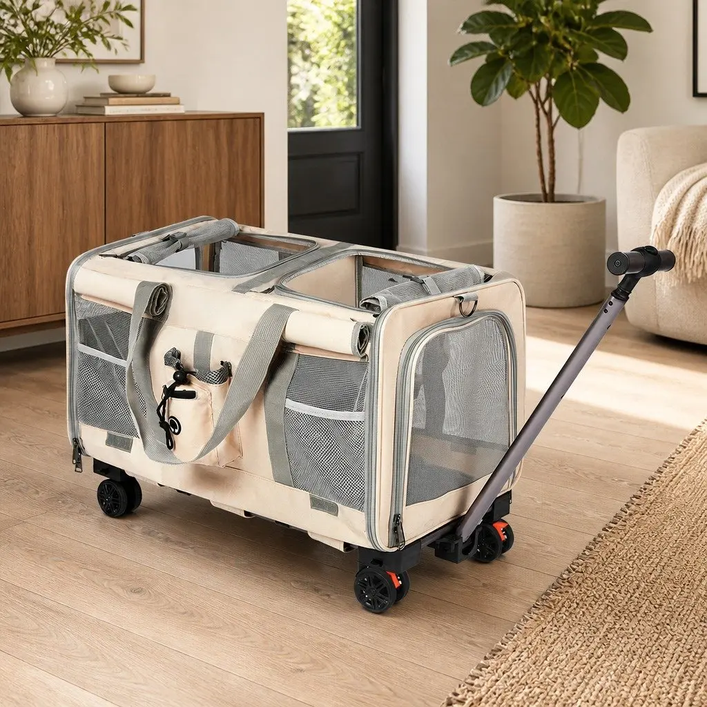 Pet Carrier Beige 60cm Rolling Foldable Portable Travel Crate Backpack Hand-Carry