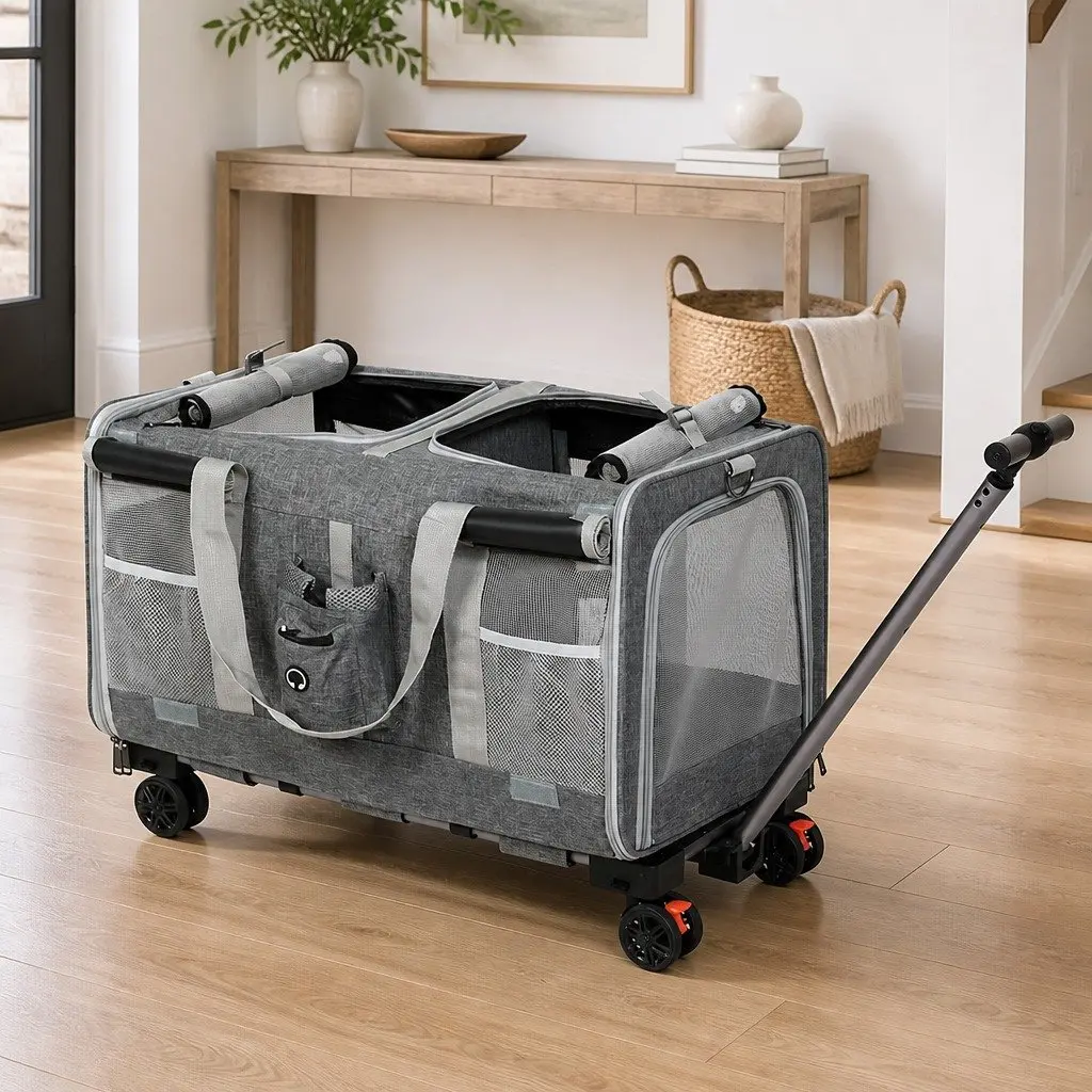 Pet Carrier 4 Wheel Rolling Foldable Dog Cat Travel Crate Backpack Trolley
