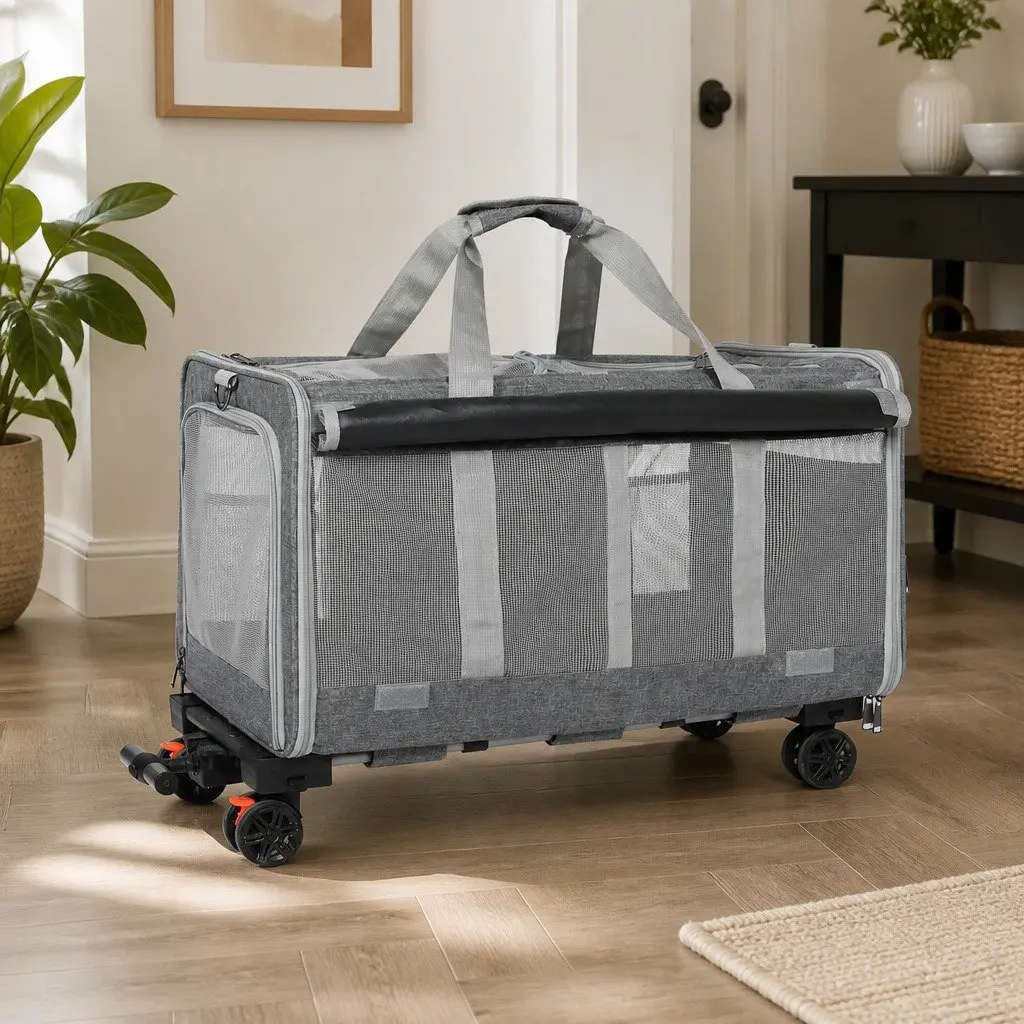 Pet Carrier Grey 60cm Rolling Foldable Backpack Trolley for Dogs Cats with 360° Swivel Wheels and Telescopic Handle