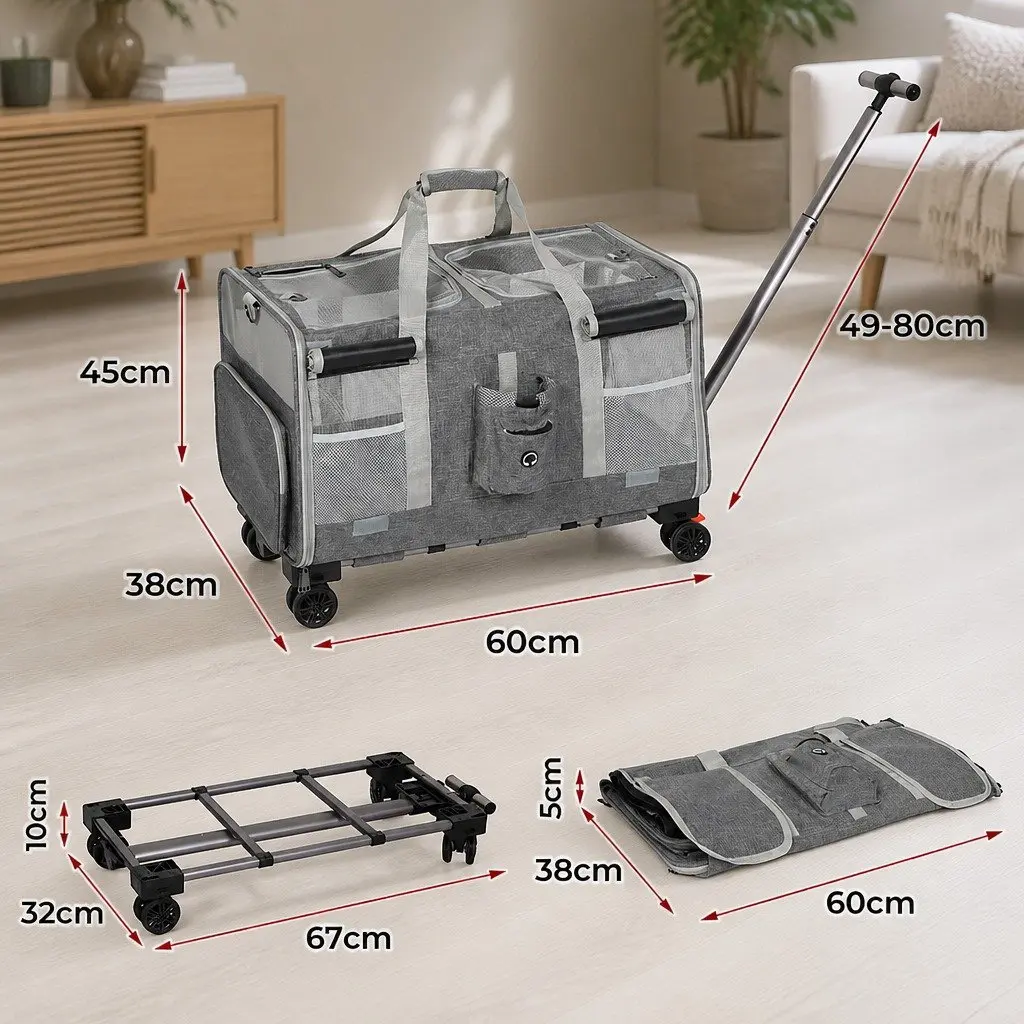 Pet Carrier Grey 60cm Rolling Foldable Backpack Trolley for Dogs Cats with 360° Swivel Wheels and Telescopic Handle