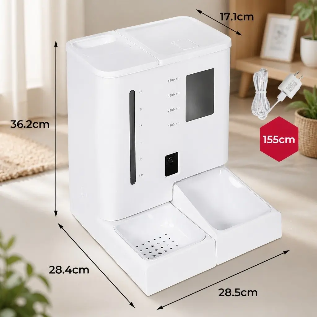 2-in-1 Automatic Pet Feeder Waterer White 5L Food Storage 4L Water Tank WiFi App Control