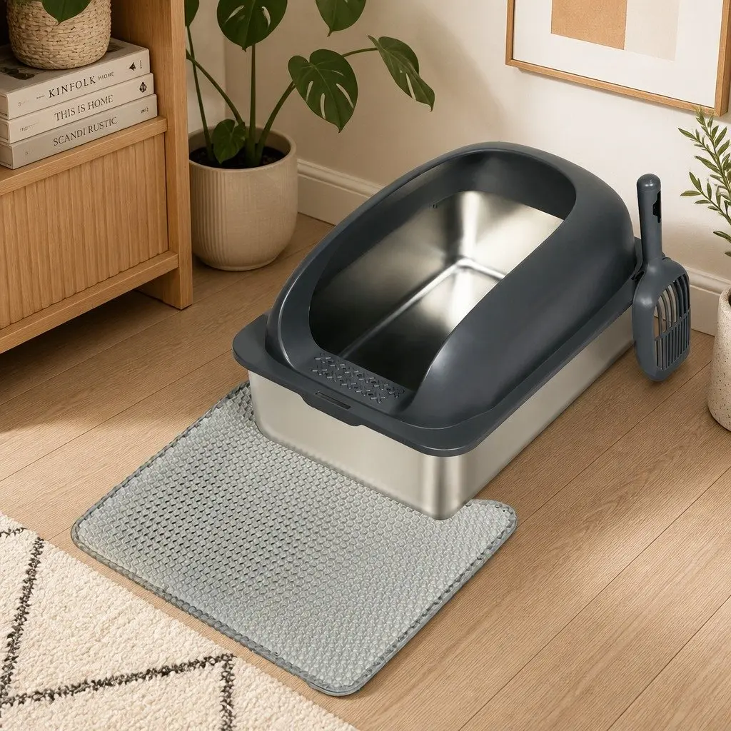 Cat Litter Box Stainless Steel Large 20L Capacity Open Design with Mat Scoop