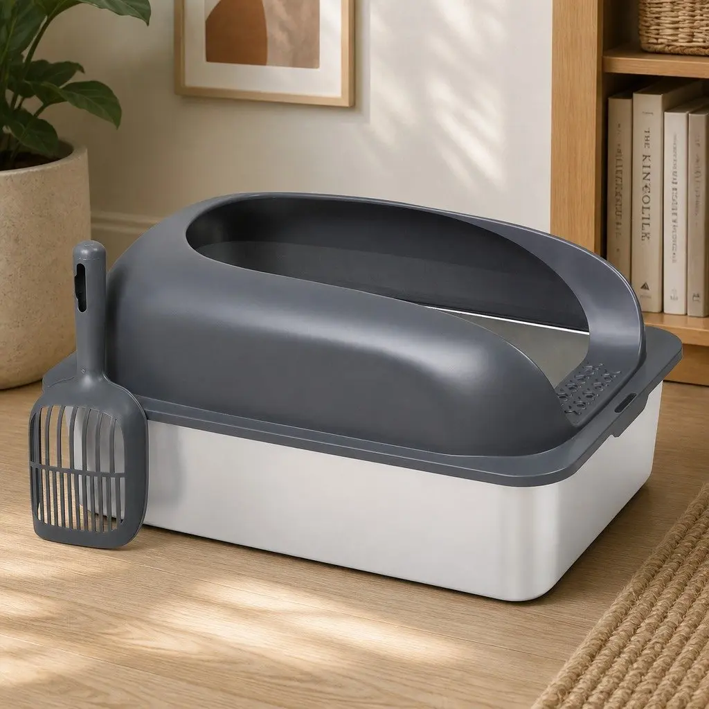 Cat Litter Box Stainless Steel Large 20L Capacity Open Design with Mat Scoop