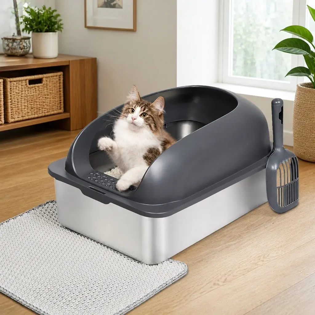 Cat Litter Box Stainless Steel Large 20L Capacity Open Design with Mat Scoop