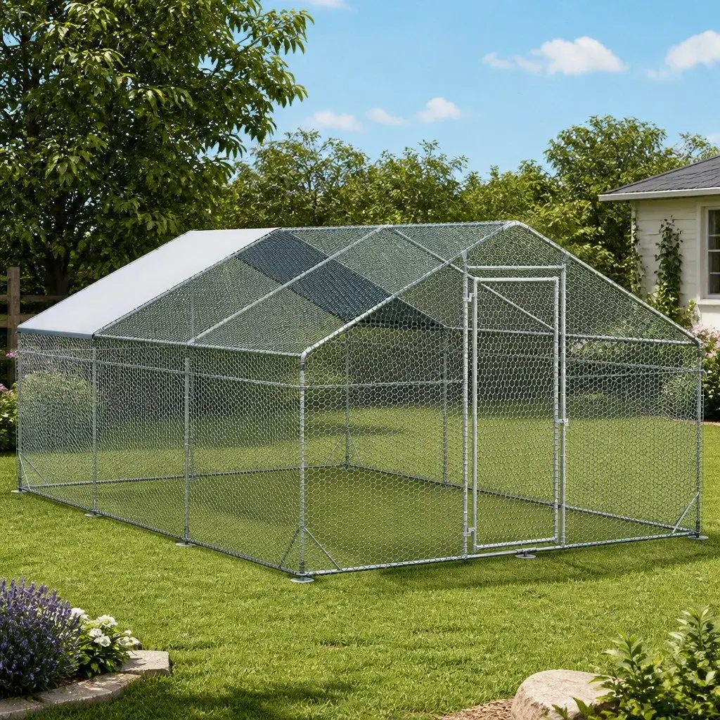 Large Metal Chicken Coop Silver 600x300x194cm Walk-in Poultry Enclosure with Hexagonal Wire Mesh and Waterproof Oxford Cloth Cover