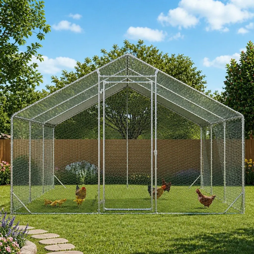 Large Metal Chicken Coop Silver 600x300x194cm Walk-in Poultry Enclosure with Hexagonal Wire Mesh and Waterproof Oxford Cloth Cover