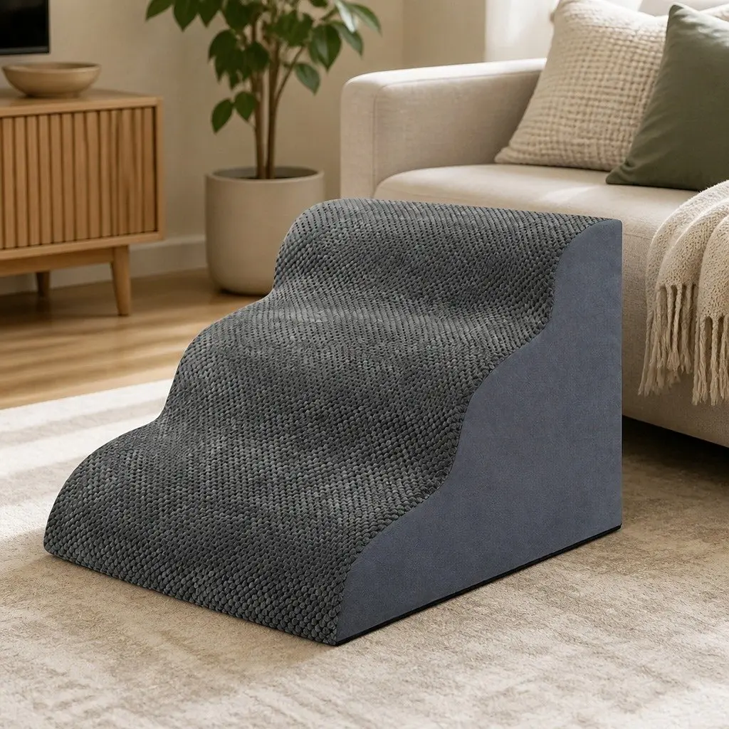 3-Step Pet Stairs Grey High Density Foam Non-Slip Portable Handle