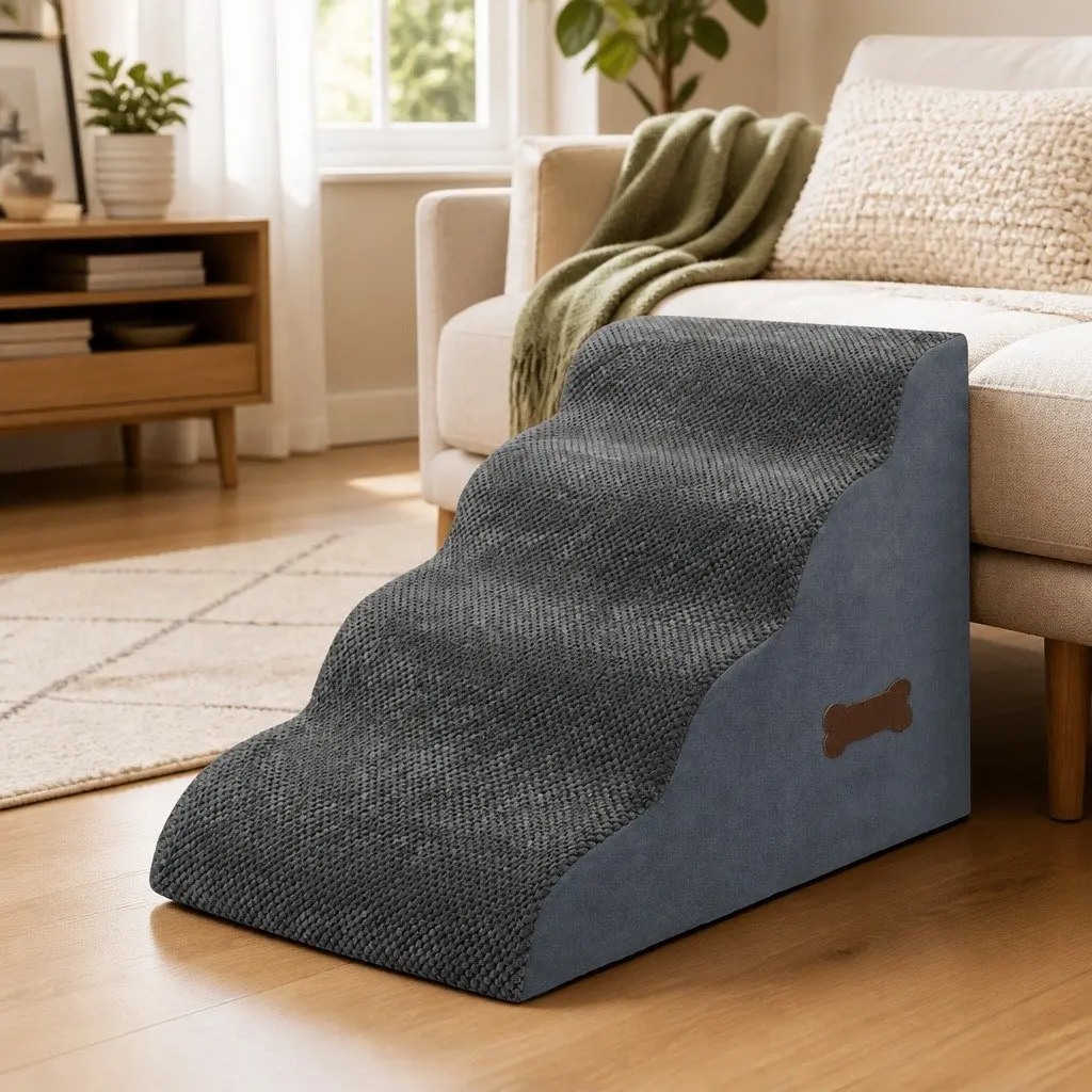 Pet Stairs Grey 4 Step Gentle Slope Non-Slip Corduroy Surface for Senior Dogs Small Pets Portable
