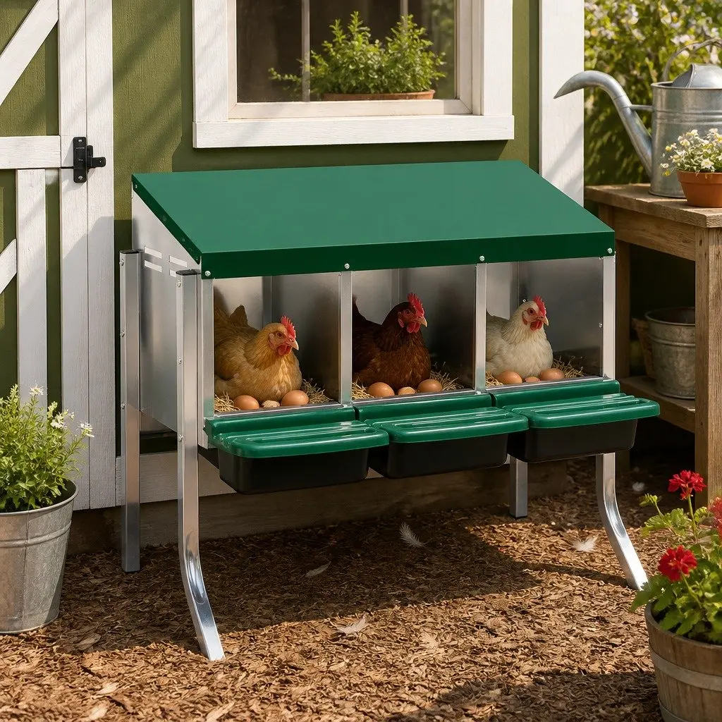 Chicken Egg Nesting Box Green 3-Hole Roll Away Galvanized Steel Construction