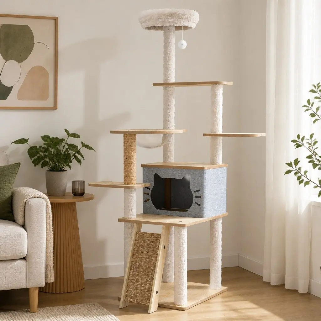 Cat Tree Tower Beige 160cm Multi-Level Condo with Scratching Post and Climbing Platforms