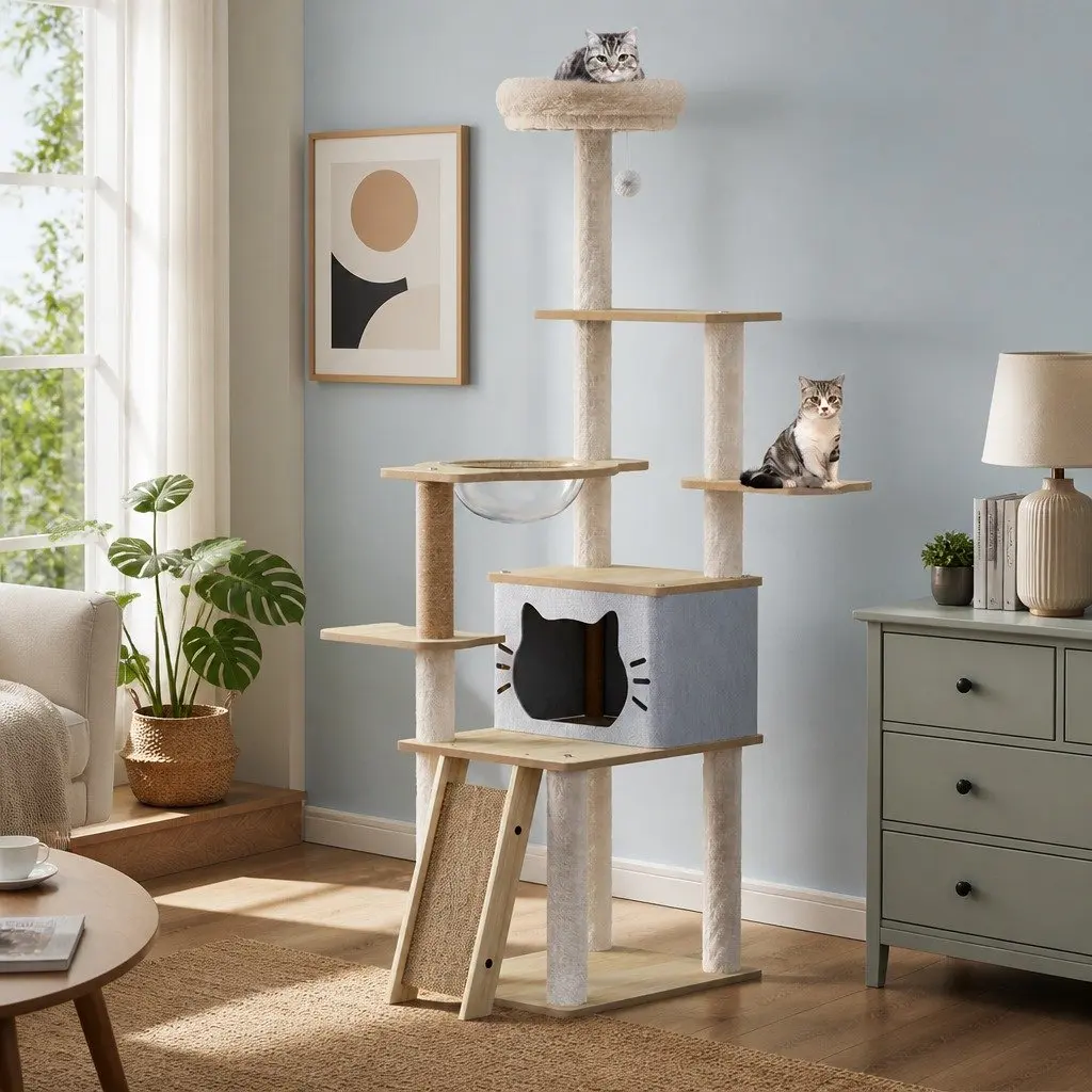 Cat Tree Tower Beige 160cm Multi-Level Condo with Scratching Post and Climbing Platforms