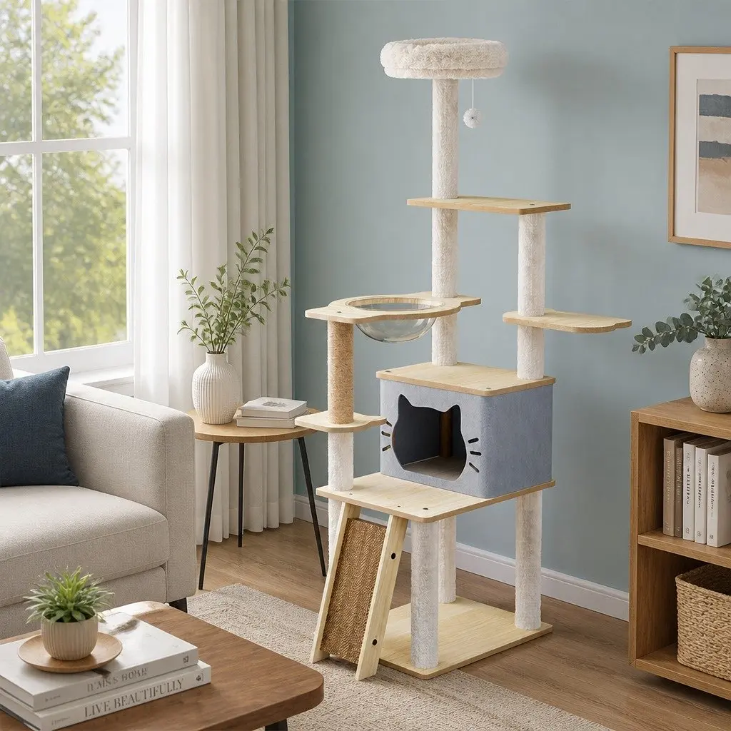 Cat Tree Tower Beige 160cm Multi-Level Condo with Scratching Post and Climbing Platforms