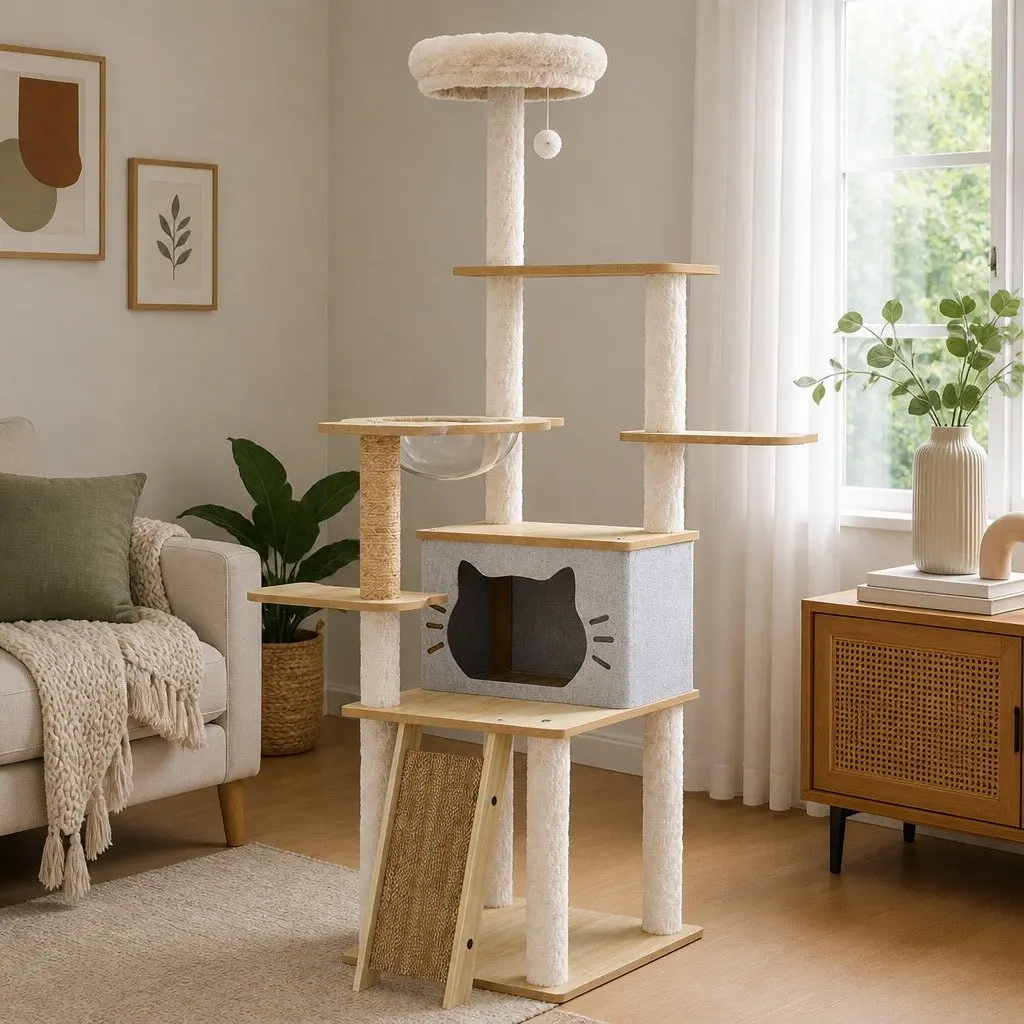 Cat Tree Tower Beige 160cm Multi-Level Condo with Scratching Post and Climbing Platforms