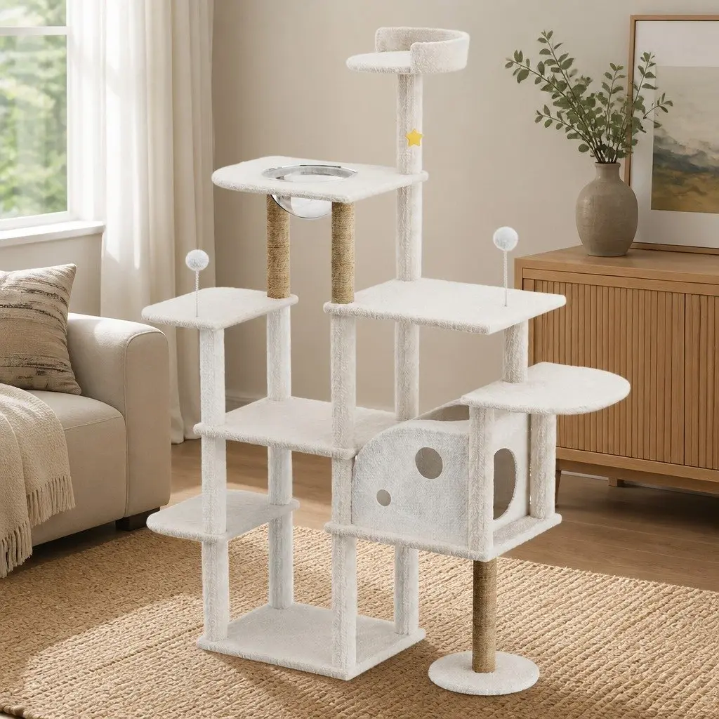 Cat Tree Tower Beige Large Multi-Level Climbing Platform with Sisal Scratching Posts and 360° Transparent Capsule Bed