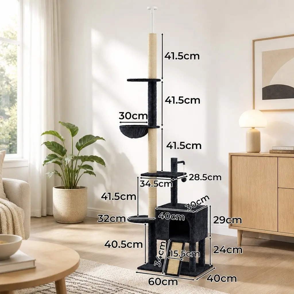 Cat Tree Grey Multi-Level Floor to Ceiling Climber with Hammock and Scratching Post
