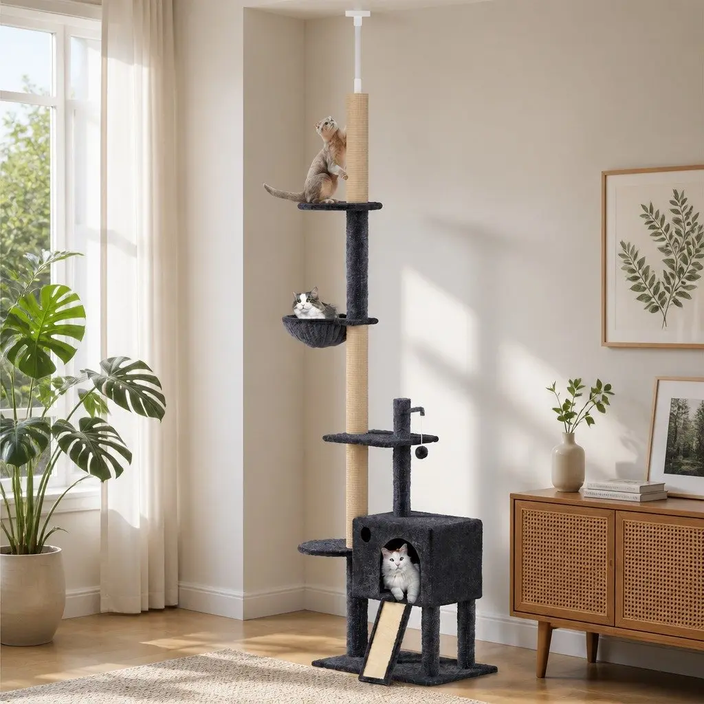 Cat Tree Grey Multi-Level Floor to Ceiling Climber with Hammock and Scratching Post