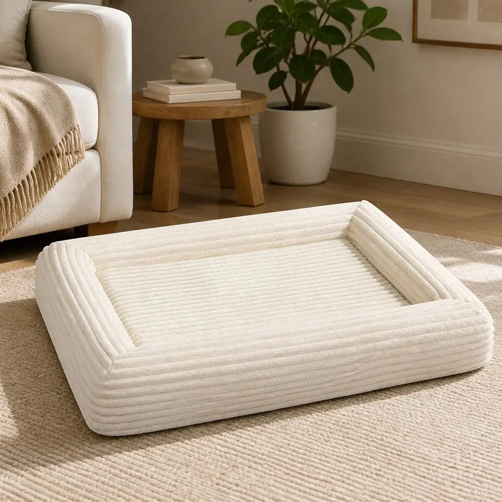 Orthopedic Dog Bed Beige Medium Size Egg Crate Foam Removable Corduroy Cover