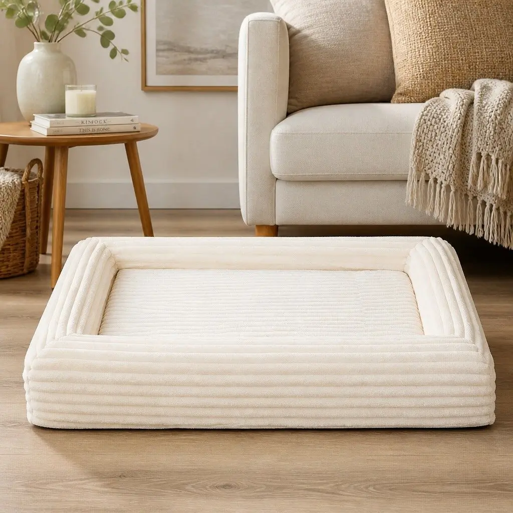 Orthopedic Dog Bed Beige Medium Size Egg Crate Foam Removable Corduroy Cover
