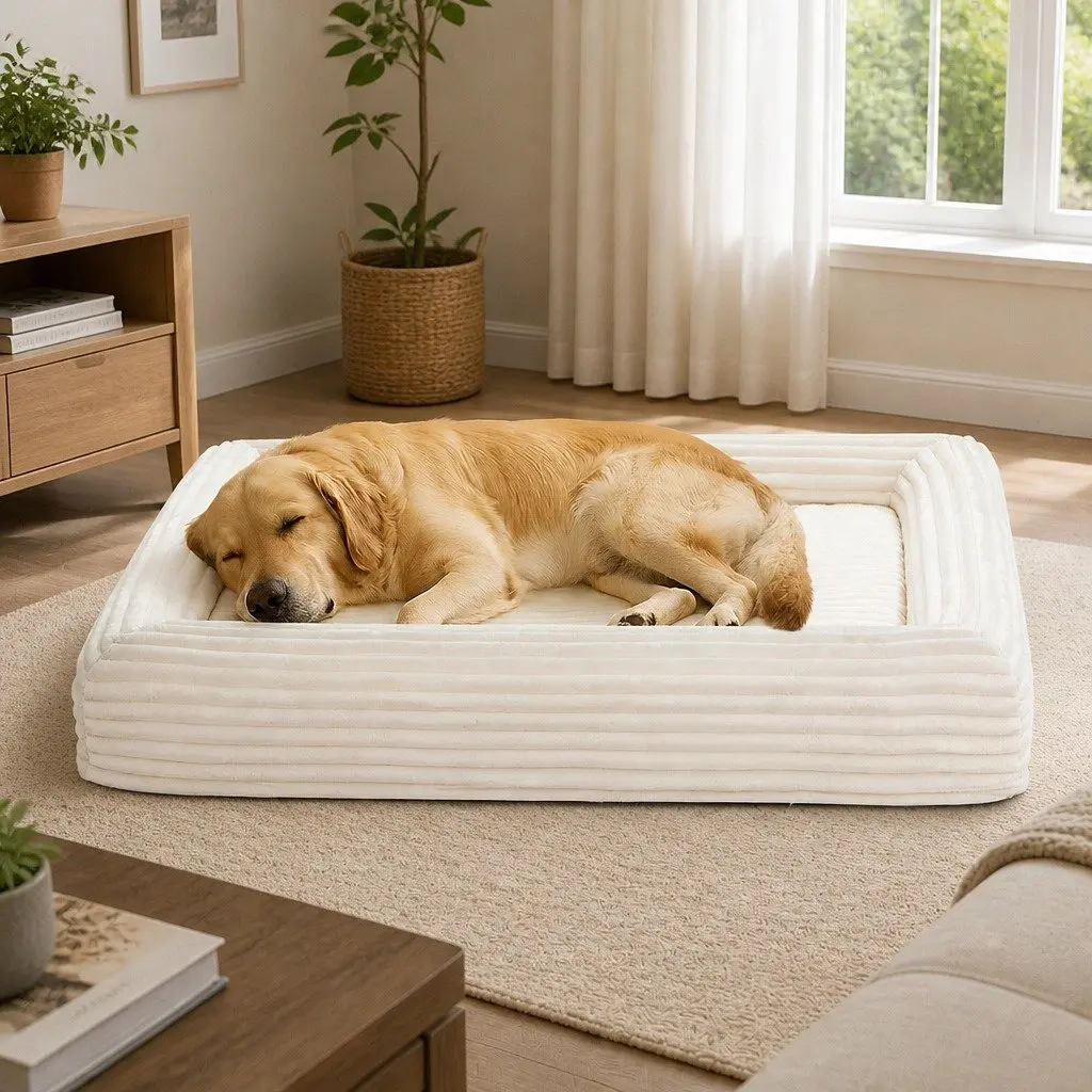 Orthopedic Dog Bed Beige XL Egg Crate Foam Removable Washable Cover