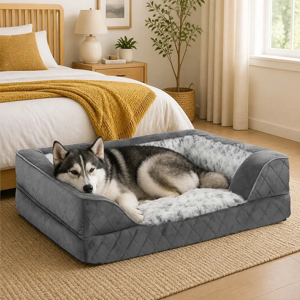 Orthopedic Memory Foam Pet Bed Grey Large Bolster Support