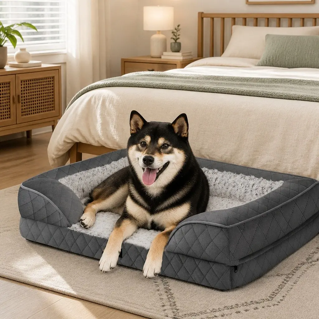 Orthopedic Memory Foam Pet Bed Grey Large Bolster Support