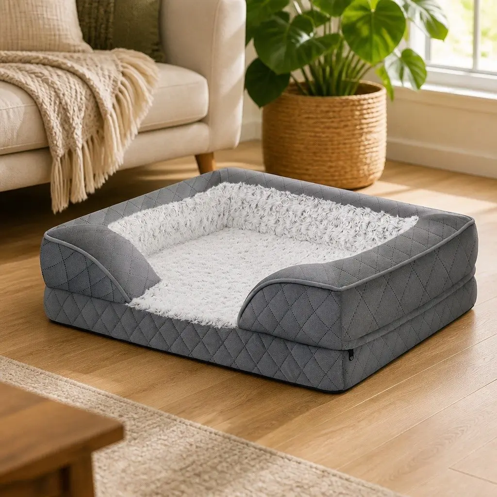 Orthopedic Memory Foam Pet Bed Grey Large Bolster Support