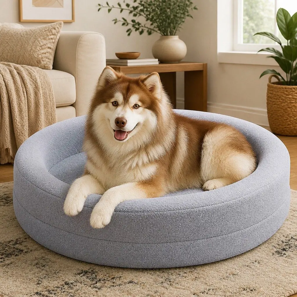 Orthopedic Memory Foam Dog Bed Light Grey 120cm Waterproof Sherpa Calming Bolstered Nest
